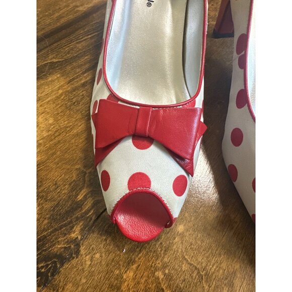 Red White Polka Dot Leather Peep Toe 2.5in Heels Bellini Bow  7 Retro Coquette - Picture 8 of 14